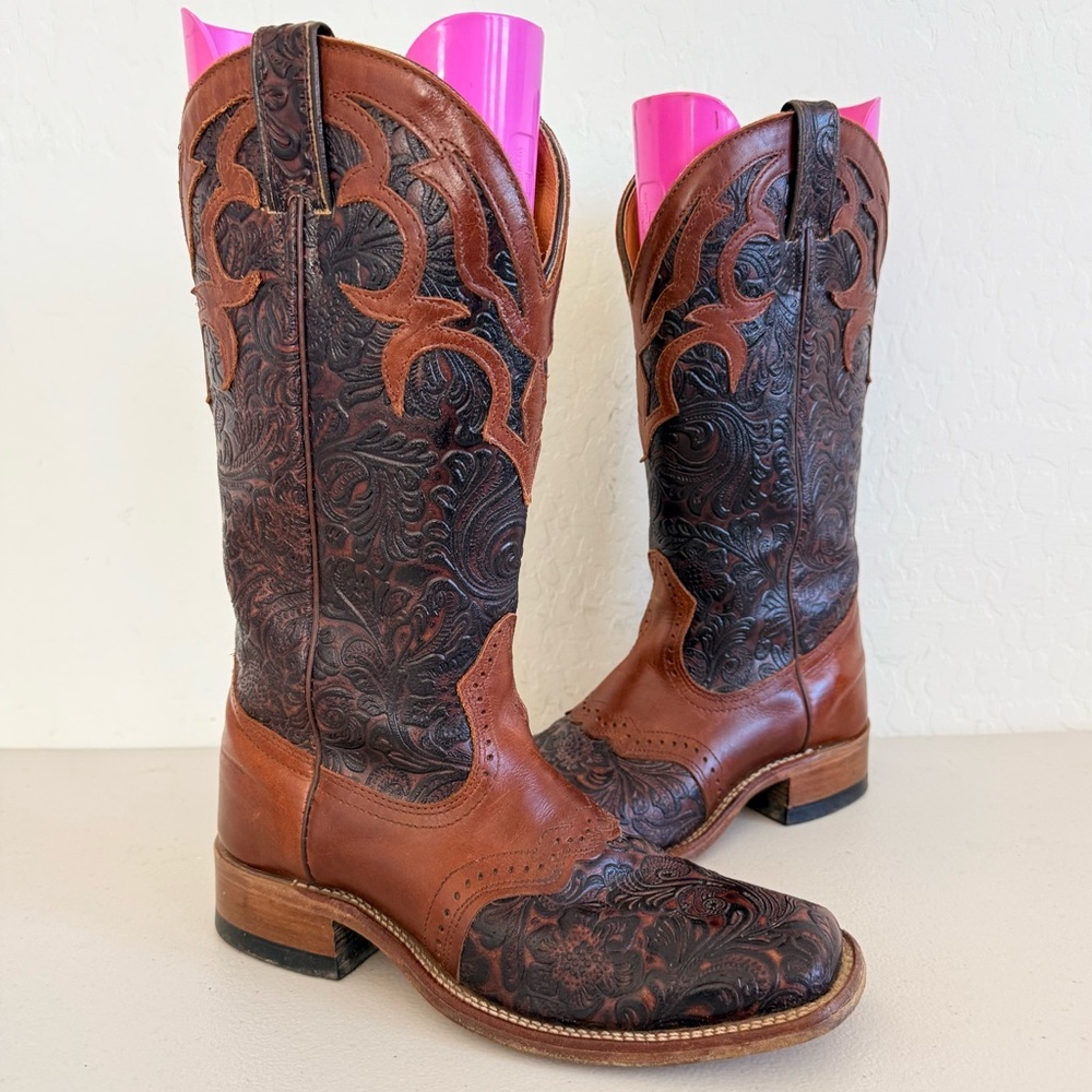 BOULET Hand Tooled Chestnut Brown Square Toe Western Boots Women’s Size 7C